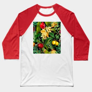 Vibrant tropical floral leaves and fruits floral illustration, botanical pattern, Black fruit pattern over a Baseball T-Shirt